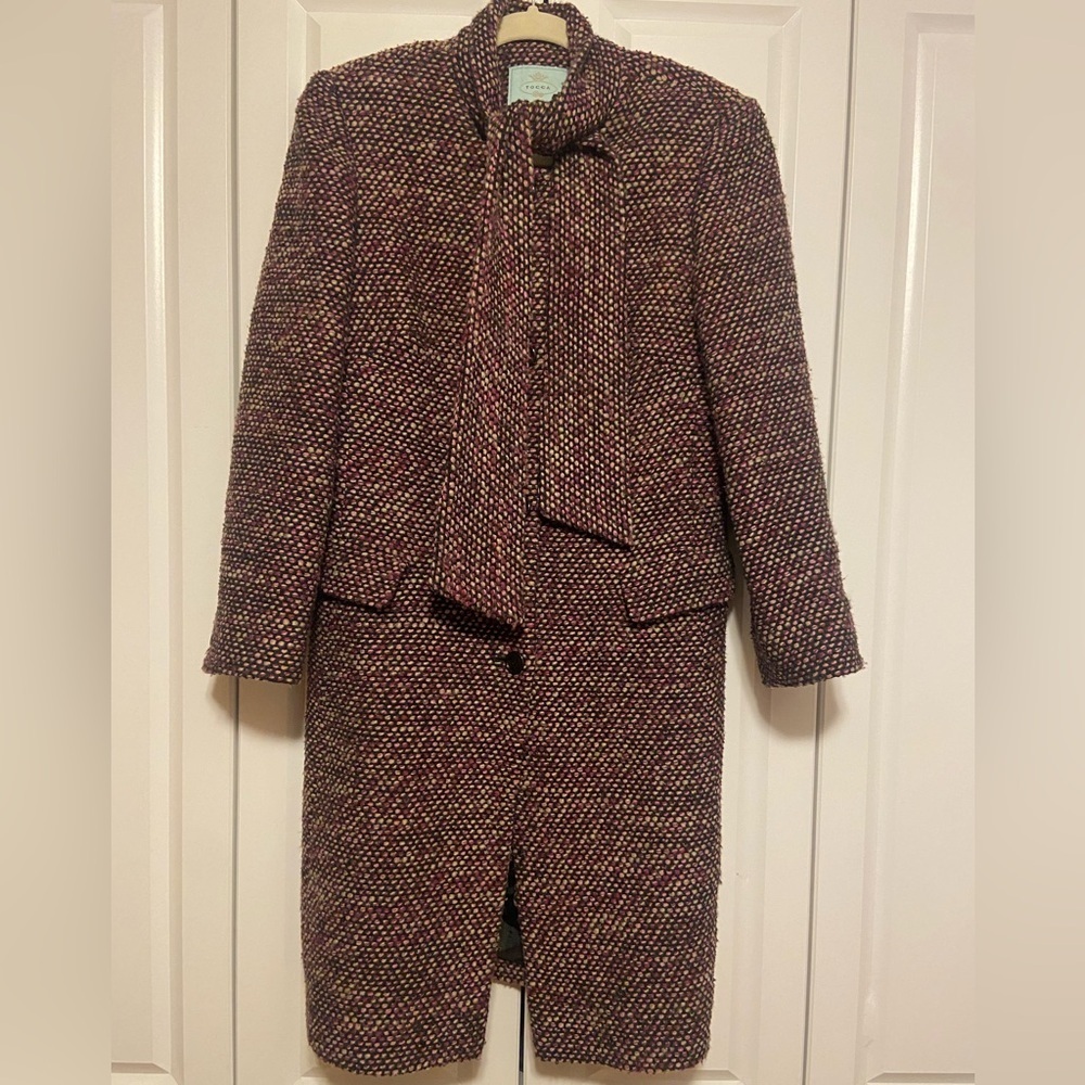 Vintage Wool-Blend Textured Longline Coat Built-in Scarf | Bouclé Sz 6 - Picture 3 of 13